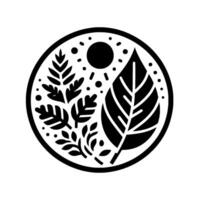 Minimalist Black and White Circular Illustration of Botanical Elements Leaf, Foliage, Sun, and Decorative Details. vector