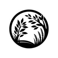 Monochrome Circle Composition of Foliage and Crops A stylized featuring leaves, grasses, and wheat within a circular frame, creating a balanced on a white background. vector