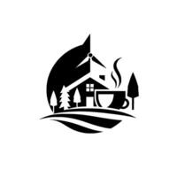 Serene Countryside A black and white illustration featuring a house, wind turbine, coffee cup, trees, and fields, evoking a tranquil, sustainable living scene. vector