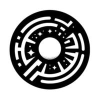 A minimalist black and white circular , a stylized eye or celestial object with stars, dot pattern, and geometric elements, suggesting space or cosmic themes. vector