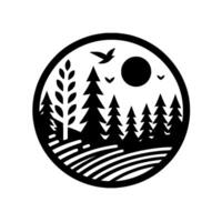 A minimalist, black and white circular landscape with stylized trees, sun, birds, and fields, creating a serene and natural vista. vector