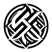 Intricate Black and White Geometric within a Circle, Featuring Angular Shapes, Negative Space, and a Modern, Abstract Composition. vector