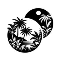 YinYang Inspired Black and White Tropical Landscape with Palm Trees, Moon, and Lush Foliage in Circular Frames, Symbolizing Balance and Harmony. vector