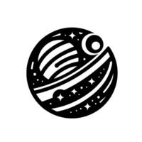 Intricate Black and White Celestial Orb Featuring a Striped Planet, Moon, and Sparkling Stars within a Circular Frame, Evoking Mystery and Space. vector