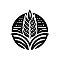 A minimalist black and white depicting a wheat stalk surrounded by fields within a stylized circular frame, evoking agriculture. vector