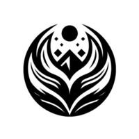 A symmetrical, stylized black and white emblem featuring a central arrowlike shape, surrounded by winglike elements, a circular top, and geometric accents. vector