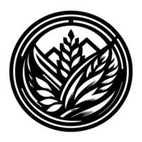 A minimalist black and white emblem featuring wheat, mountains, and stylized leaves within a circular frame, symbolizing nature and agriculture. vector