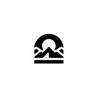 Minimalist Black and White Depicting Mountains, Sun, and Horizon within a Semicircular Frame, on a Textured White Background. vector