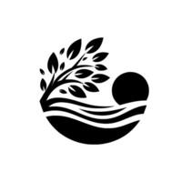 A stylized black and white landscape featuring a tree with lush leaves and wavy lines, beside a sun, within a curved frame. vector