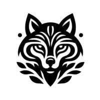 A stylized, symmetrical black and white illustration of a wolfs head with intricate geometric patterns, highlighted by clean lines, adorned with leaves and dot accents. vector