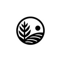 A Minimalist Black and White Circular Depicting a Tree, Rolling Fields, and a Sun, Representing Nature and Simplicity. vector