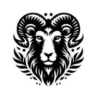 Intricate Black and White Illustration of a Rams Head Surrounded by Laurel, Featuring Detailed Horns and a Modern, Minimalist Aesthetic. vector