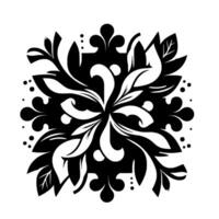 An elegant symmetrical black, white, and grey floral composed of stylized leaves and curves, arranged in a radial pattern against a crisp white background. vector