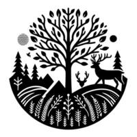 A symmetrical black and white illustration of a forest scene encased in a circle, featuring a large tree, deer, mountains, and flora. vector