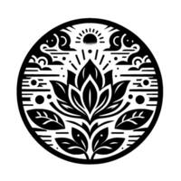 Intricate black and white circular illustration featuring a stylized lotus flower, sun, clouds, and foliage, evoking a sense of peace and nature. vector