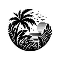A stylized, blackandwhite tropical landscape scene encapsulated within a circular frame, featuring a palm tree, various foliage, a striped sun, birds, and dots, evoking a serene, minimalist . vector