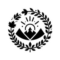A minimalist black and white emblem featuring mountains, a sunrise, and laurel leaves, accented with maple leaves. vector
