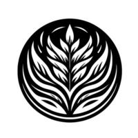 A minimalist black and white floral emblem, featuring stylized leaves and petals arranged within a circular frame, symbolizing growth and nature. vector