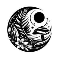 Serene Black and White Circular Composition Nighttime Scene with Crescent Moon, Stars, Botanical Elements, and a Stripped Mushroom. vector