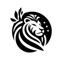 A majestic lions profile, stylized with bold black lines and elegant leaves, set against a dark circular backdrop with shining stars, radiating strength. vector
