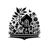 Tranquil Garden Silhouette A charming monochrome illustration of a house with garden elements, adorned with floral and natural designs. vector