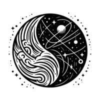 A YinYang fusion depicting cosmic elements and flowing water in a contrasting black and white circular , conveying balance. vector
