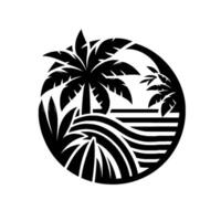 Minimalist Black and White Tropical Scene Palm Trees, Waves, and Foliage Within a Circular Frame, Evoking Paradise. vector