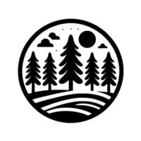 A black and white illustration of a forest scene enclosed within a circle, featuring silhouetted pine trees, clouds, sun, and rolling hills on a white background. vector