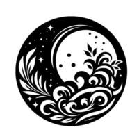 Intricate Black and White Circular Illustration of a Crescent Moon, Stars, and Floral Elements, Evoking a Dreamy, Serene Night Scene. vector