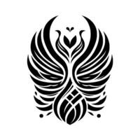 Symmetrical black and white stylized phoenixlike , featuring intricate featherlike patterns and a central floral motif. vector