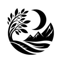 A minimalistic black and white illustration within a circular frame showcasing a tree, crescent moon, and mountain range, symbolizing natures harmony. vector