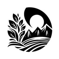 Elegant minimalist black and white natureinspired featuring a stylized landscape with mountains, trees, foliage, and a crescent moon, within a circular layout. vector