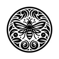 Ornate Black and White Circular Bee Featuring Intricate Swirls, Leaves and Dots, on a Plain White Background. vector