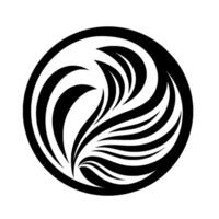 Elegant Black and White Emblem Abstract of intertwined curves and lines within a circular frame, resembling stylized feathers. vector