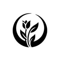 Elegant Black and White Floral Emblem Stylized Tulip and Foliage Within a Semicircular Frame on White Background. vector