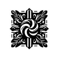 Intricate black and white swirl , incorporating stylized leaves and geometric shapes, centered on a white background, radiating elegance. vector