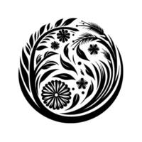 Intricate black and white floral , resembling a stylized botanical illustration, arranged within a circular frame. vector