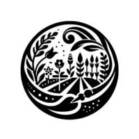 A stylized, minimalist botanical illustration within a circle, depicting a serene landscape of diverse flora, farmland, and fields in a monochrome black and white . vector