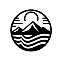 Minimalist Black and White Circular Mountainscape Depicting Sun, Mountains, and Water in a Clean, Symbolic Representation of Nature. vector