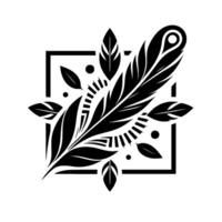 Elegant Black and White Feather and Leaf Within a Square, Featuring a Geometric Composition and Minimalist Aesthetic. vector