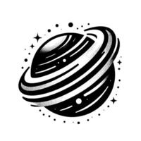 Minimalist Black and White Illustration of a Ringed Planet Surrounded by Stars and Dot Elements in a RetroFuturistic Style vector
