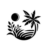 Monochromatic Island Silhouette Palm Tree, Sun, and Flora Harmony, a Minimalist Composition. vector