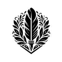 Intricate Black and White Emblem of a Feather Centerpiece Surrounded by Floral Embellishments on a White Background, Artistic . vector