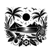Black and White Tropical Beach Scene Sun, Palms, Sea, Birds, and Flora, with a Relaxing Seaside Composition. vector