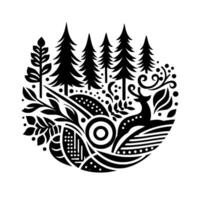 Stylized Black and White Forest Scene Circular composition featuring fir trees, a deer, foliage, and geometric elements. vector