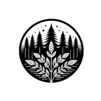 A stylized black and white nature illustration in a circular frame depicts a forest scene with evergreen trees, a central foliage element, and a simple, minimalist aesthetic, suggesting harmony with n vector