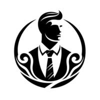 Stylized Silhouette of a Confident Businessman in a Suit and Tie, Enclosed within a Decorative, Symmetrical Emblem. vector