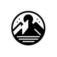 Minimalist Black and White Circle Featuring Mountain Peaks, Sun, Stars, and Horizontal Lines, Suggesting Serenity. vector