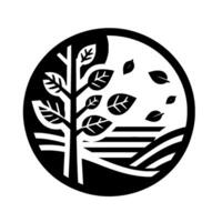Black and white circular emblem featuring a stylized tree with falling leaves against a landscape, conveying a sense of nature and simplicity. vector