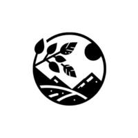 A minimalist, circular featuring a stylized mountain range, a leafy branch, and a circular sunmoon element. vector